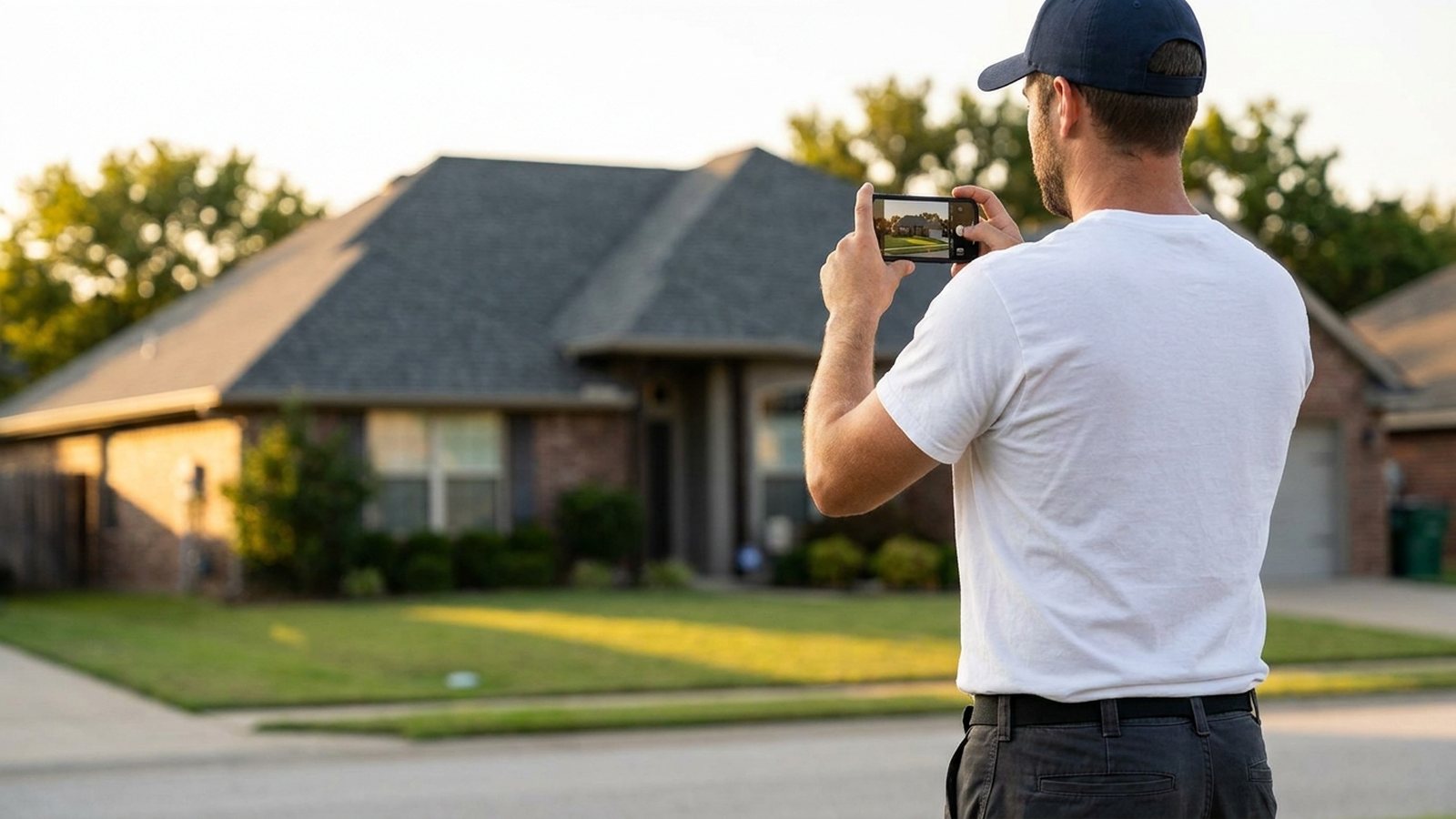 A roofer kneeling on a new shingle roof, photographing the finished job with his phone