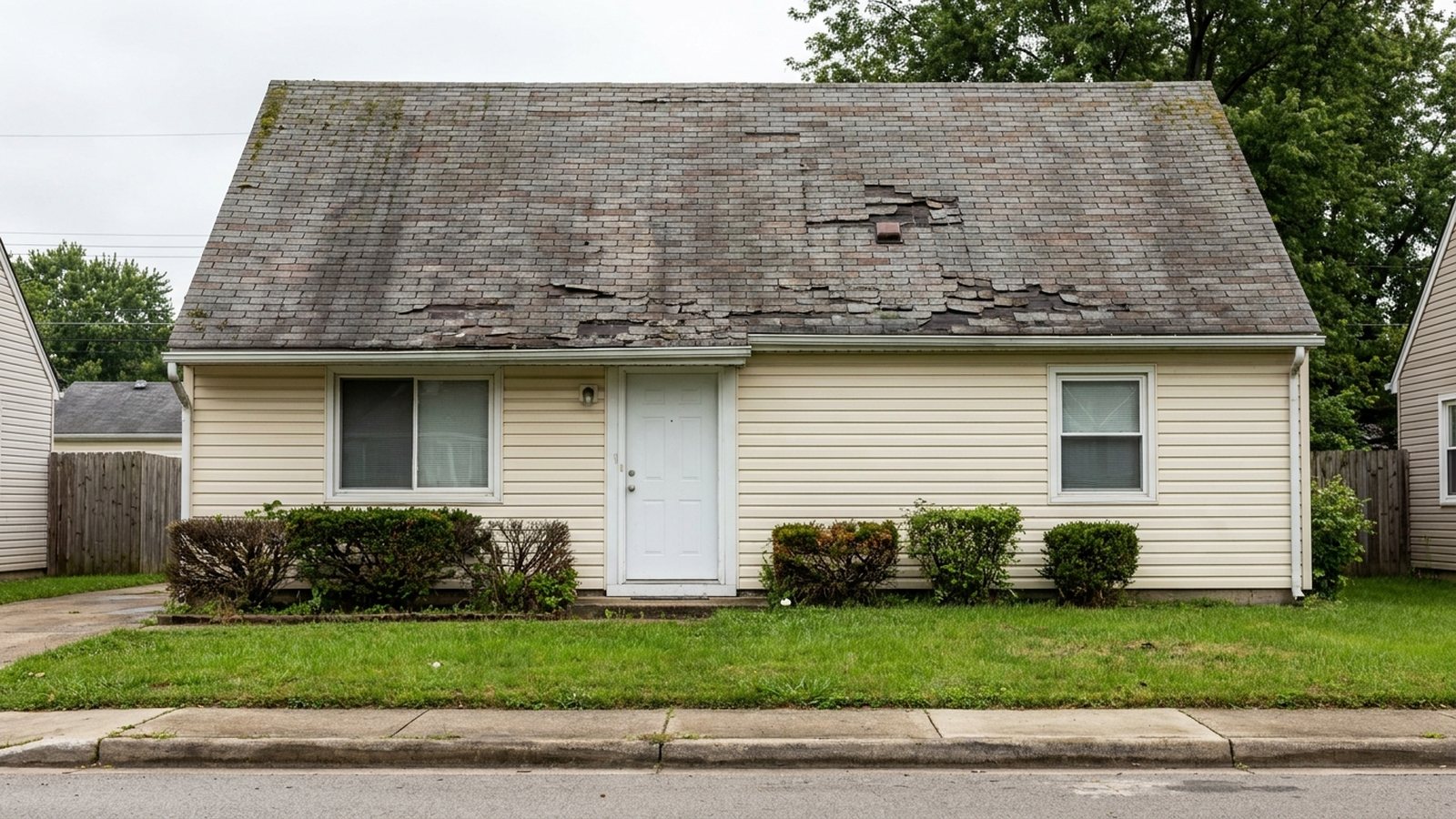 Weathered, hail-damaged roof before replacement